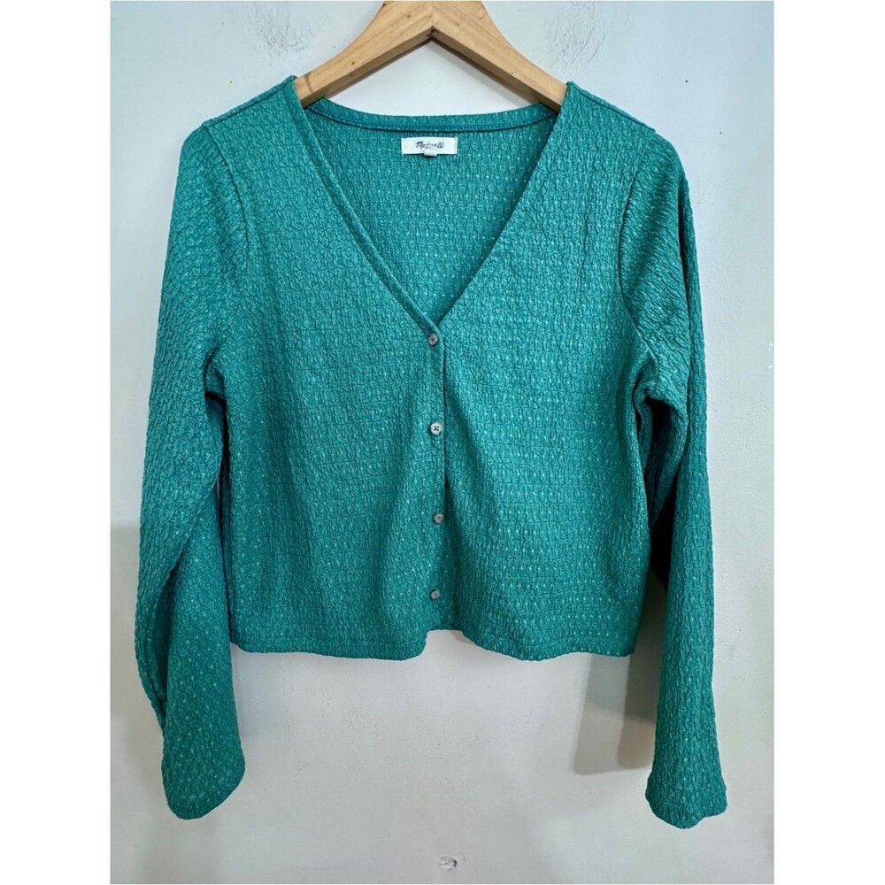 Madewell Green Textured V-Neck Cropped Button Front Cardigan size L Cottage Twee